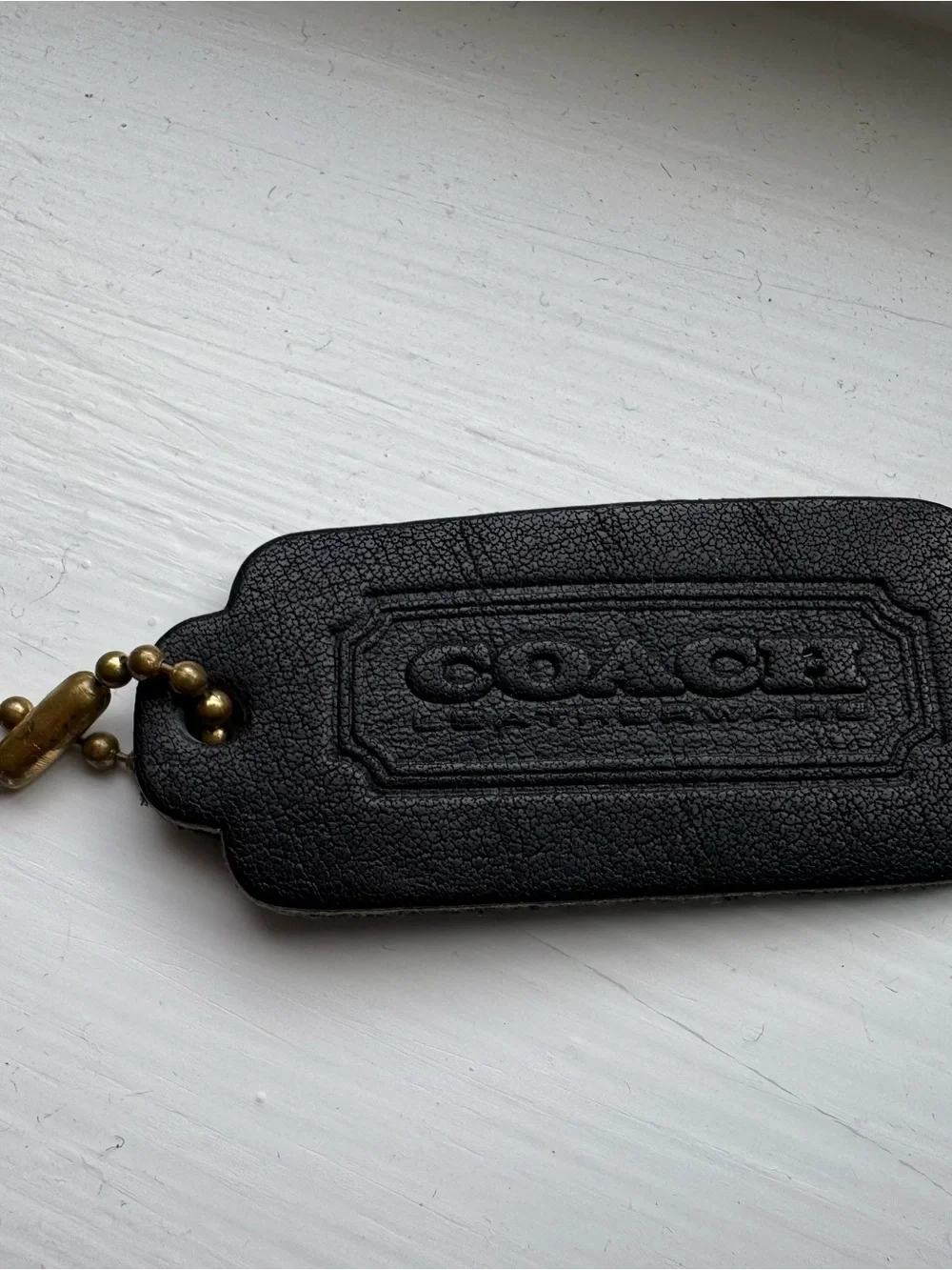 Vintage Coach Black Leather One-Sided Hang Tag with Brass Chain, Pre-1994